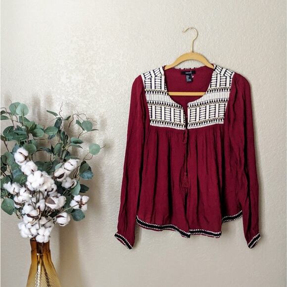 Forever 21 Red Long Sleeve Boho Blouse Sz L - Picture 1 of 2